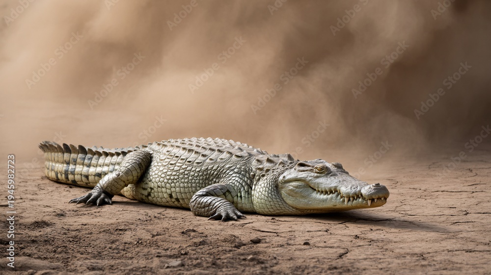 Fototapeta premium Wild Crocodile Resting on Dry Cracked Earth in Harsh Desert Environment