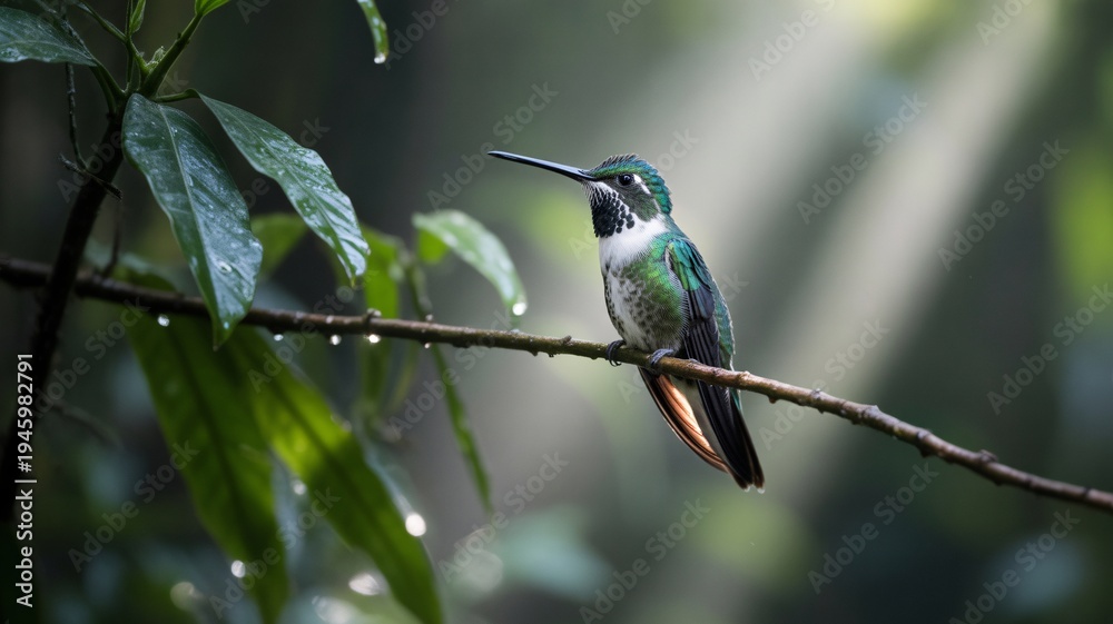 Fototapeta premium Beautiful Emerald Hummingbird in Fresh Rainforest Environment