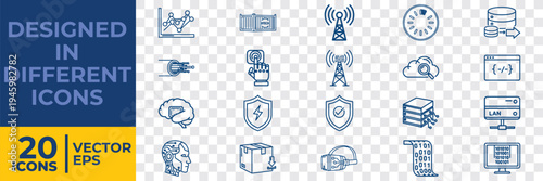 A collection of 20 flat vector icons on a transparent background, designed in different styles and shapes, suitable for various digital and graphic design projects.