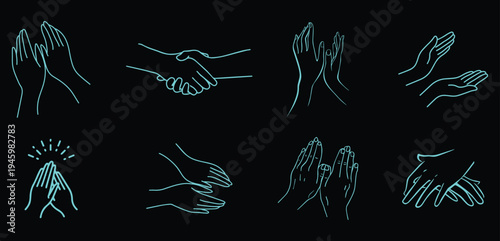 Vibrant collection of glowing neon human hands in various expressive gestures on a dark background, ideal for business, communication, and futuristic design projects.