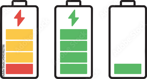 Battery level indicators. Colorful battery charge level icons. Battery power level pictograms in outline style. Vector