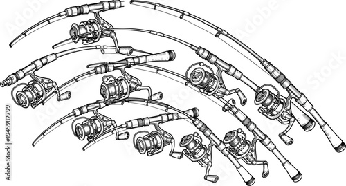 Collection of professional fishing rod and spinning reel illustrations isolated on white background, outdoor sport equipment, fishing gear, tackle, hobby