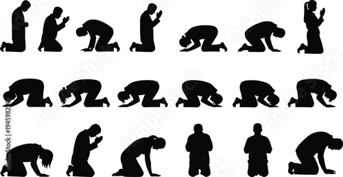 Prayer silhouette set, people praying kneeling worship vector illustration religious faith spirituality icons isolated black design collection