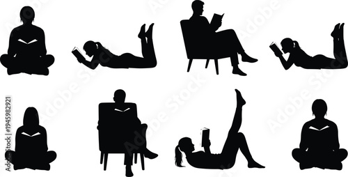Collection of silhouettes featuring people reading books while sitting in armchairs, lying down, and cross legged for education and relaxation.