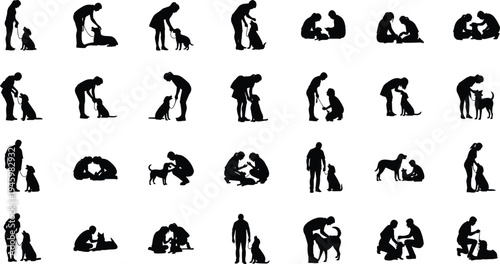 Collection of silhouettes featuring people training, playing, and walking dogs in various poses isolated on white background for pet concepts.