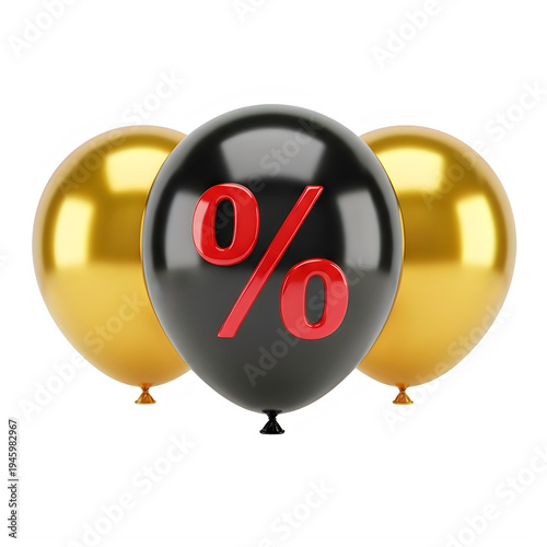 Three balloons with a discount percentage sign in the center.