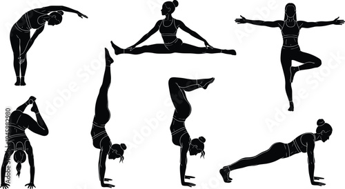 Collection of silhouettes featuring women performing advanced yoga poses including handstands, splits, and athletic stretching for fitness and wellness concepts.
