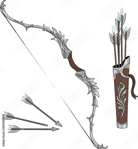 Elven Bow with Ornate Arrows and Quiver for Fantasy Adventures, Archery, and Medieval Weaponry Designs