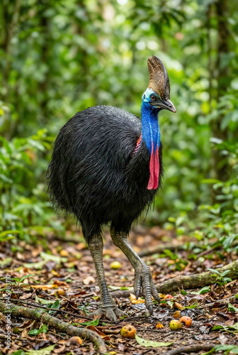 Cassowary in tropical rainforest. Flightless bird with blue neck, casque and black plumage on forest floor. Ideal for travel blogs, wildlife magazines, tourism campaigns, and nature branding.