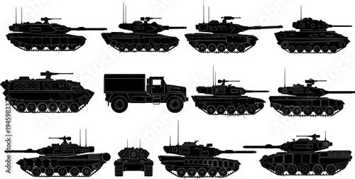 Military tank silhouette collection, armored combat vehicles set, army battle tanks vector illustration, modern warfare transport equipment icons