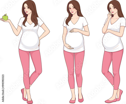 Pregnant woman character set with various poses including holding a green apple and touching belly for healthy pregnancy, motherhood, and prenatal care concept, flat vector illustration isolated on wh