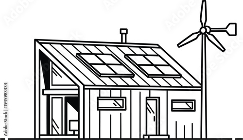 Modern eco friendly house with solar panels and wind turbine