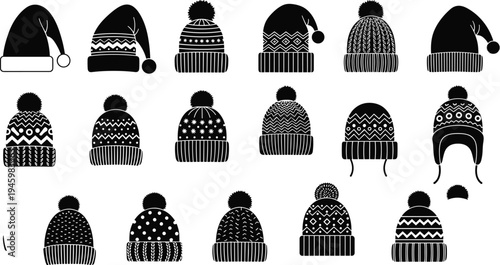 Collection of winter hat silhouettes featuring knit beanies, santa hats, and bobble caps with patterns for cold weather fashion design.