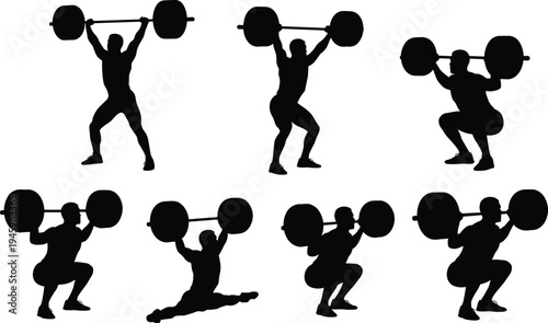 Collection of weightlifting silhouettes featuring athletes performing squats, snatches, and overhead lifts isolated on white background for gym and fitness.