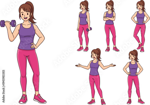 Vector illustration set of a fit young woman in purple tank top and pink leggings performing various gym exercises with dumbbells and fitness poses.