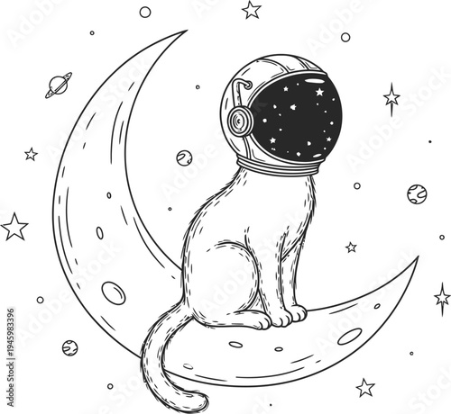 Cat in a spacesuit sitting on a crescent moon in space