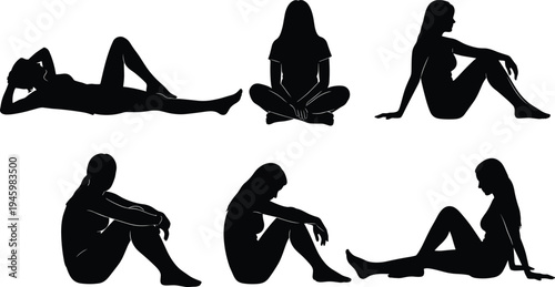 Collection, of, women, silhouettes, in, various, sitting, and, lying, poses, isolated, on, white, background, vector, illustration, for, lifestyle, design, projects,