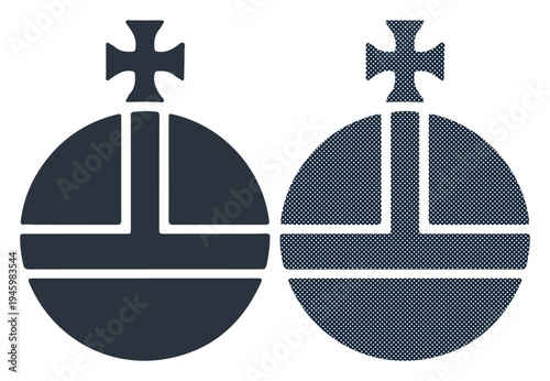 Two stylized orbs with cross symbols, representing power or authority in a minimalist design.
