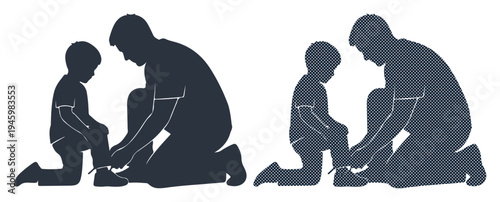 Father tying son's shoelaces, a loving gesture of care and guidance.