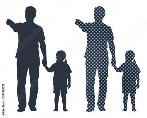 Father and child holding hands, pointing forward together with hope and guidance.