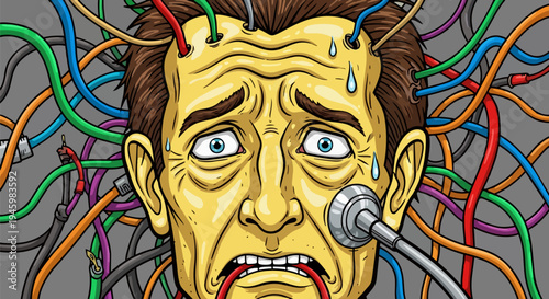 Stressed businessman with wires in head vector