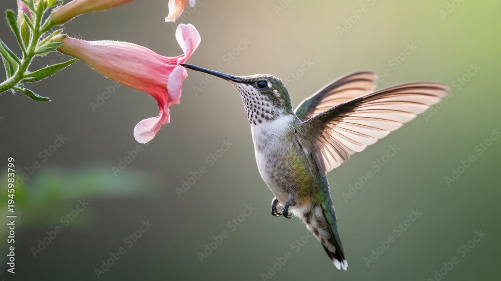 Fototapeta premium Hummingbird Hovering While Drinking Nectar from Pink Flower in Natural Light
