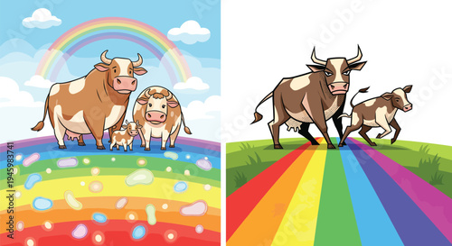 Cartoon cows walking on rainbow path, colorful farm animals, cute calves, whimsical illustration, cheerful design, fantasy landscape, joyful artwork