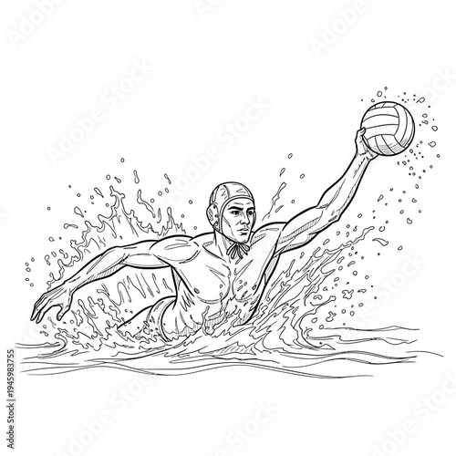 Dynamic Water Polo Player Reaching for Ball in Splashing Water Line Art

