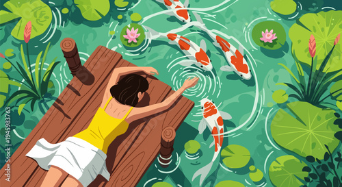 Vector illustration of woman relaxing by koi pond with fish and lily pads