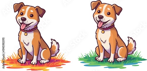 Cartoon dog illustration, happy pet, seasonal background, autumn leaves, green grass, cute puppy, fluffy tail, collar, sitting pose, cheerful expression