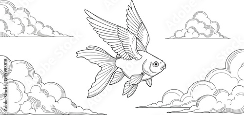 Winged fish flying through the air surrounded by clouds