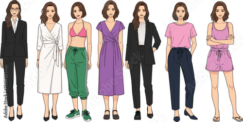 Vector illustration set of a young woman character wearing various outfits including business suits, summer dresses, casual sportswear, and bikinis for fashion design.