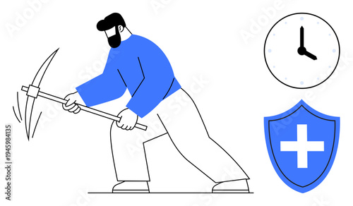 Manual labor, time management, healthcare, safety, productivity, perseverance. Worker holding a pickaxe, clock time shield protection. Time management and safety concept