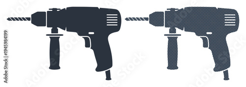Two dark silhouette power drills side by side with drill bits