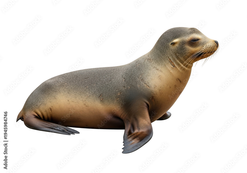 Naklejka premium A curious seal pup with a sleek brown and silver coat resting on a white surface isolated on transparent background