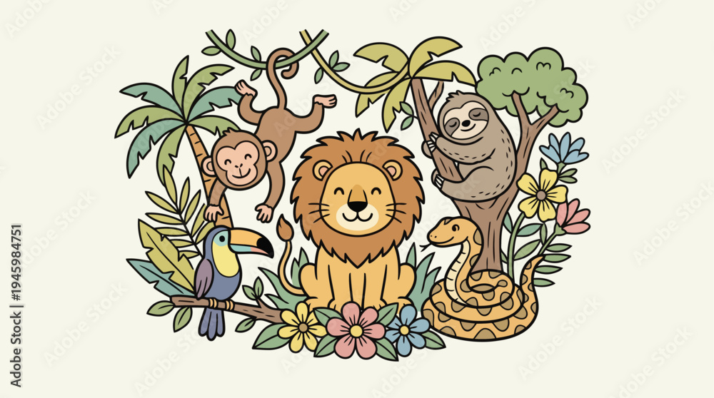 Fototapeta premium Cute Jungle Safari Animals Doodle Collage Vector, Pastel Wild Animals Sticker Art with Lion and Monkey