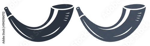 Two stylized shofars, ancient Jewish ritual instruments, presented in dark blue tones