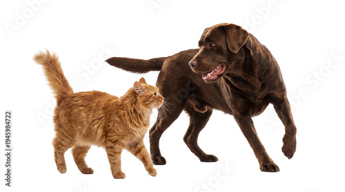 фотографія An inquisitive orange tabby cat approaching a gentle chocolate Labrador, isolated on a transparent background