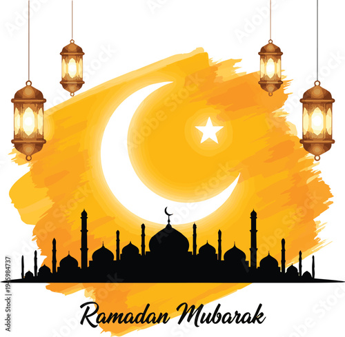 Skyline of karachi with a crescent moon and stylized text. Vector