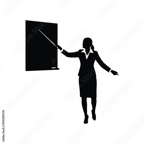 Businesswoman giving presentation with pointer on blackboard vector illustration teacher speaker
