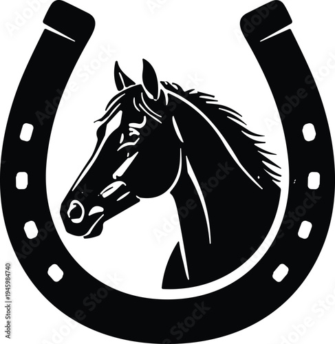 Horse Head Profile Silhouette Inside Horseshoe Frame, Equestrian Vector Graphic for Logo Design, Western Luck Symbol, Isolated Black Stallion Illustration