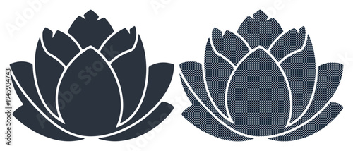 Two dark blue lotus flowers with white outlines on a white background
