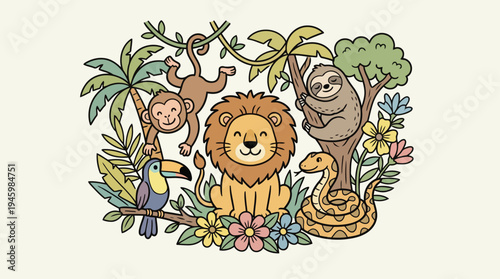 Cute Jungle Safari Animals Doodle Collage Vector, Pastel Wild Animals Sticker Art with Lion and Monkey