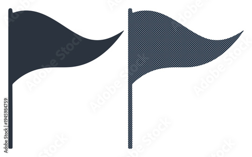 Two dark flags waving against a white background, symbolizing direction or announcement.