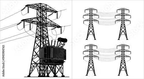 High Voltage Power Lines with Electrical Pylons and Transformer Substation Illustration for Energy Infrastructure Utility Grid Distribution and Industrial Power Supply Concepts