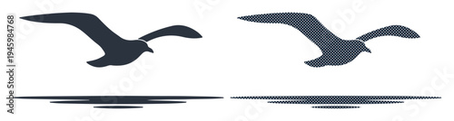 Two seagulls in silhouette fly over rippling water against a white background.