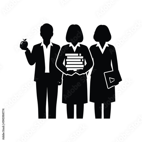 Group of professional teachers holding books and apple vector illustration representing faculty staff