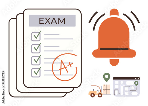 Education, deadlines, logistics, achievement, notification, tracking. Exam paper with A grade, alarm bell icon delivery map with path and markers. Education and deadlines theme