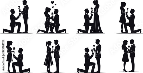 Romantic Couple Silhouette Marriage Proposal Set Featuring Man Kneeling With Rose Engagement Celebration Valentine's Day Love and Relationship Vector Icons for Wedding