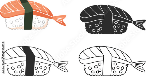 Salmon sushi nigiri set with seaweed and rice, Japanese cuisine food icon collection, flat vector illustration isolated design